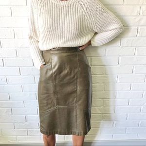 Vintage 80s mossy taupe leather midi pencil skirt